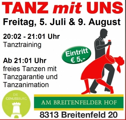 Genussburg_neu Flyer 5.7&9.August um 20Uhr mit AllroundDancer TANZ mit UNS